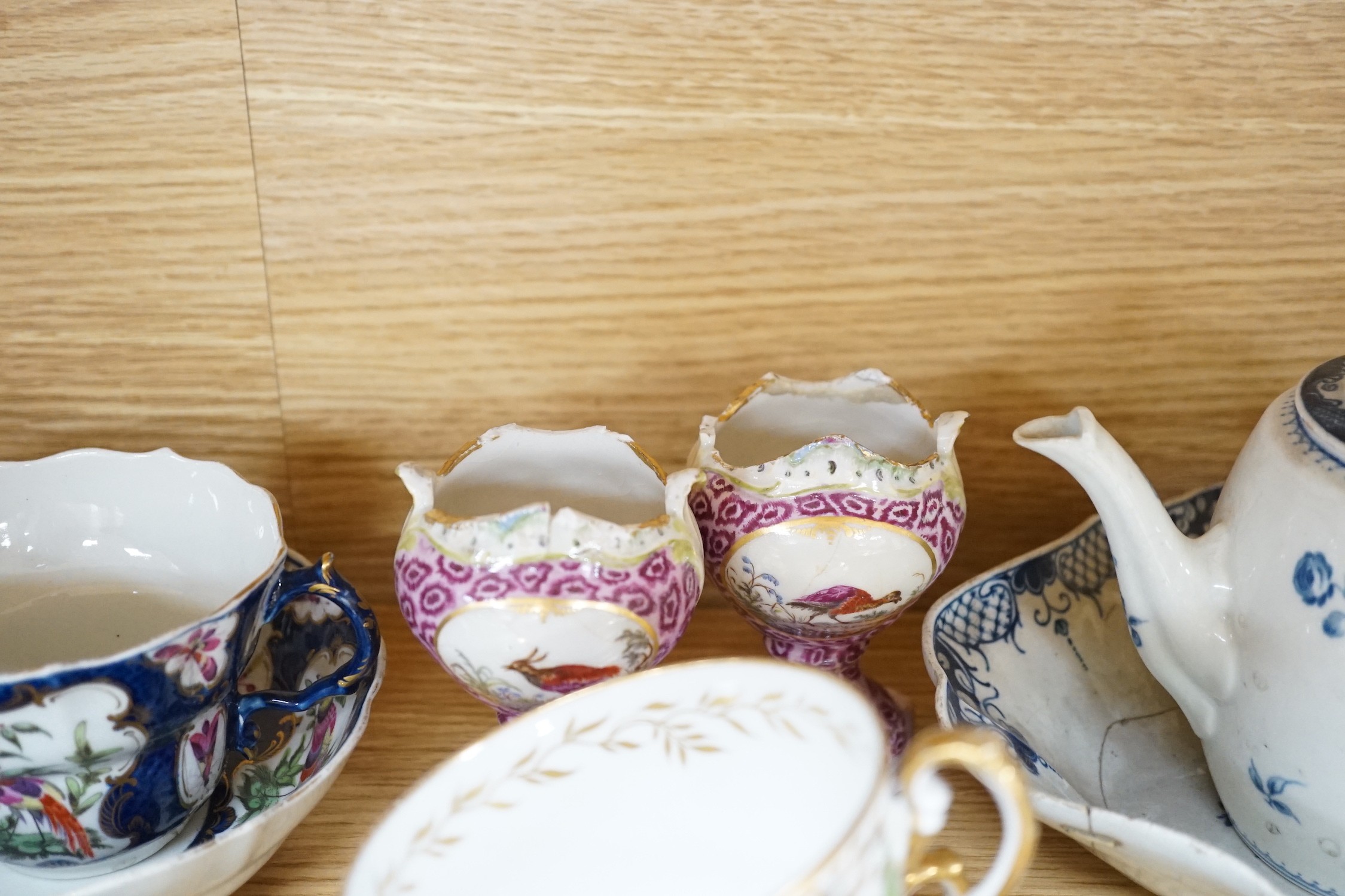 A collection of late 18th/19th century English ceramic teapots, cabinet cups, a jug, dishes and plates etc